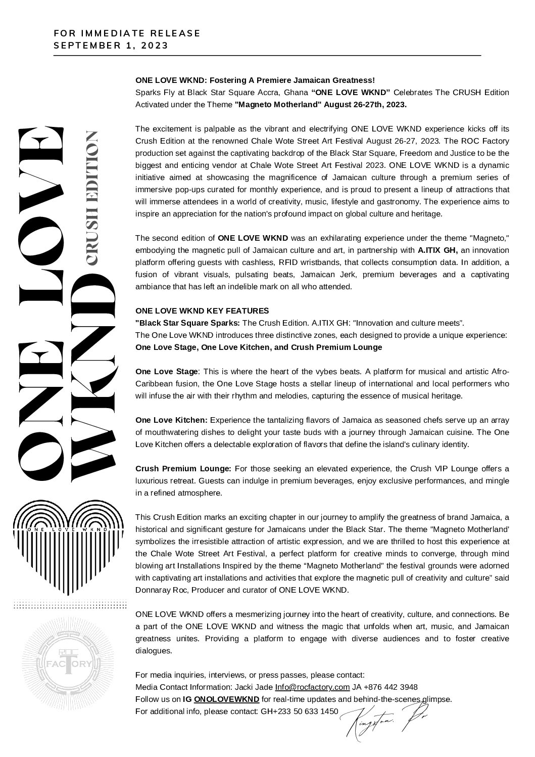 FOR IMMED. RELEASE ONE LOVE WKND MAGNETO (2)